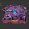 Magical Witchcraft Workbench Scene With Purple Frame Cauldron Jars And Pumpkin Decorations