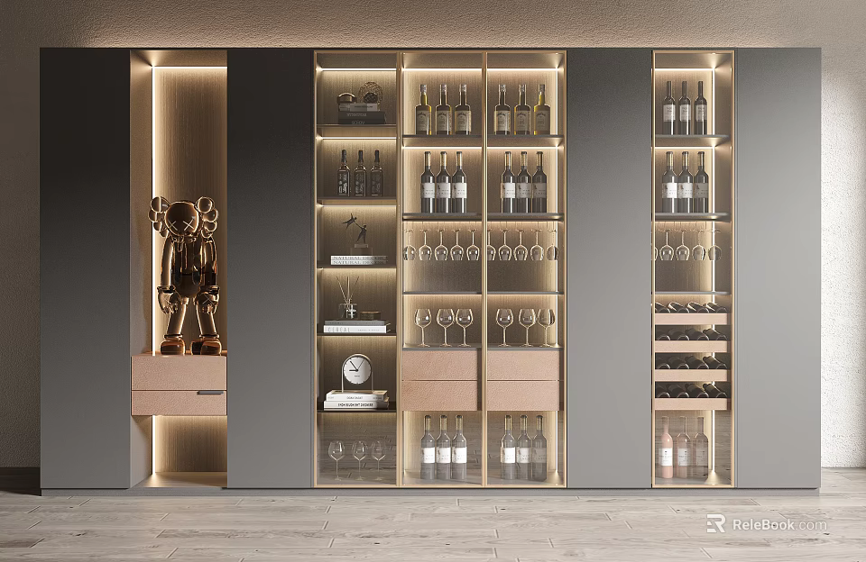 Elegant Modern Wine Cabinet Design With Layered Shelves Wine Bottles And Glasses 3d model 