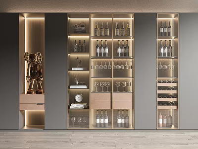 Elegant Modern Wine Cabinet Design With Layered Shelves Wine Bottles And Glasses 3d model