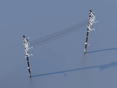 Two Utility Poles With Power Lines And Insulators Against Blue Background 3d model