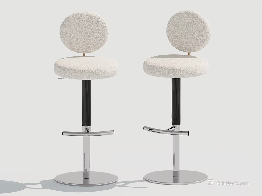 White Upholstered Bar Stools With Round Backrest Black Stem And Silver Metal Base 3d model 