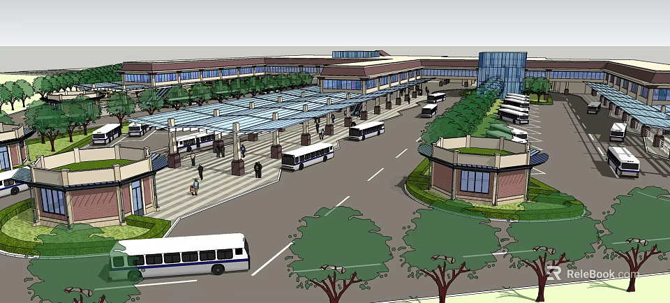 Modern Urban Bus Terminal With Buses Pedestrians Trees Buildings And Parking 3d model 