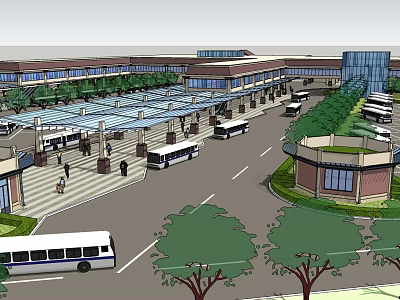 Modern Urban Bus Terminal With Buses Pedestrians Trees Buildings And Parking 3d model