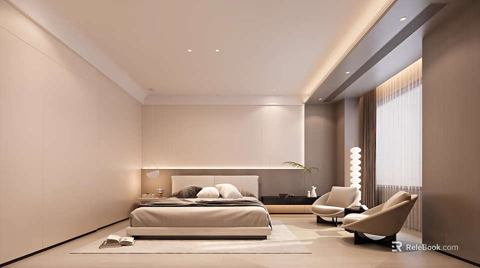 Modern Bedroom Interior Design With Bed Armchairs Floor Lamp Rug And Curtains 3d model 