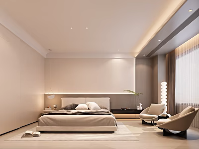 Modern Bedroom Interior Design With Bed Armchairs Floor Lamp Rug And Curtains 3d model