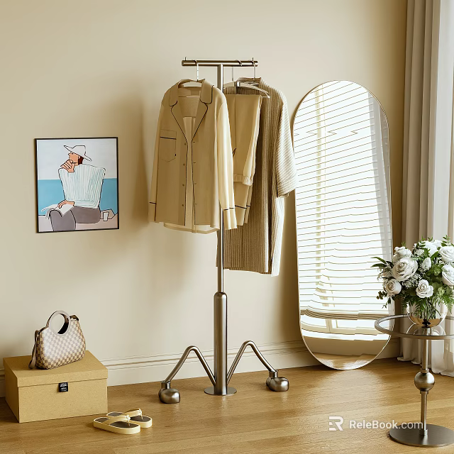 Floor Standing Metal Clothes Hanger With Coats And Jackets Near Mirror And Flowers 3d model 