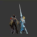 Two Women Characters in Dark Horned Outfit Holding Apple and Blue Attire Wielding Long Sword