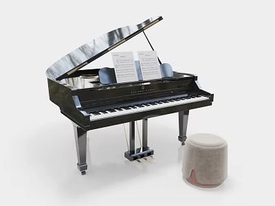 Elegant Black Grand Piano With Open Lid Music Sheets And Beige Stool 3d model