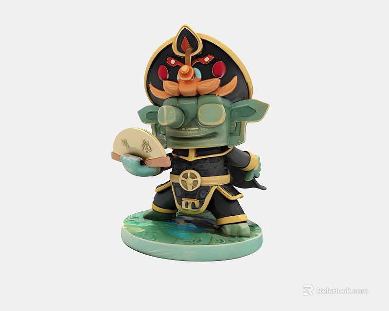 Green Cartoon Style Art Installation Figurine Holding Fan With Black Hat And Red Decorations 3d model 