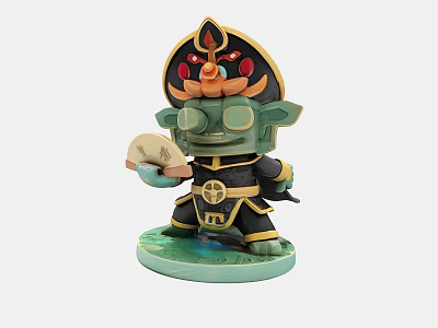 Green Cartoon Style Art Installation Figurine Holding Fan With Black Hat And Red Decorations 3d model