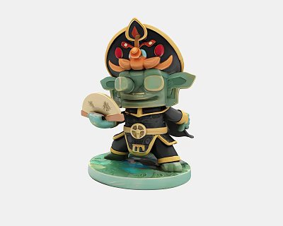Green Cartoon Style Art Installation Figurine Holding Fan With Black Hat And Red Decorations 3d model