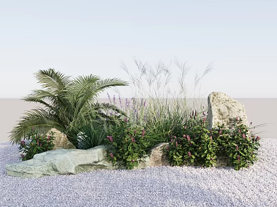 Natural Garden Plant Combination With Palm Herbs Blooming Flowers Stones And Gravel 3d model