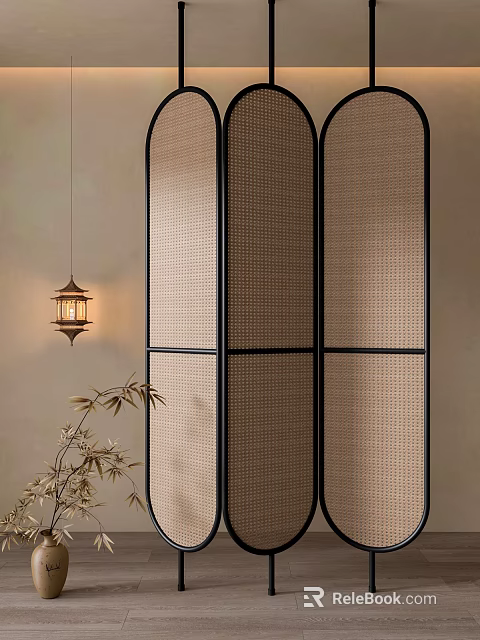 Woven Room Divider With Black Frame Bamboo Branches And Pendant Lamp Against Beige Wall 3d model 