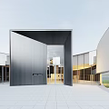 Modern Building Exterior Wall With Metal Geometric Design Glass Entrance And Interior Lighting