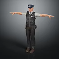 Police Officer In Uniform With Vest Hat And Outstretched Arms On Dark Background