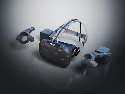 HTC VR Headset With Controllers And Tracking Sensors On Dark Surface 3d model