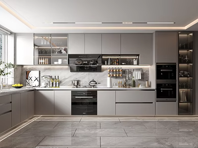 Elegant Luxury Kitchen Interior With Gray Cabinets Marble Island And Appliances 3d model