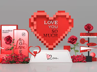 Romantic Red Pixel Heart Photo Spot With Love You So Much Text Roses And Decorations 3d model