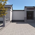 Detached Villa With Chinese Style Roof Glass Curtain Wall Stone Paved Courtyard And Potted Plants