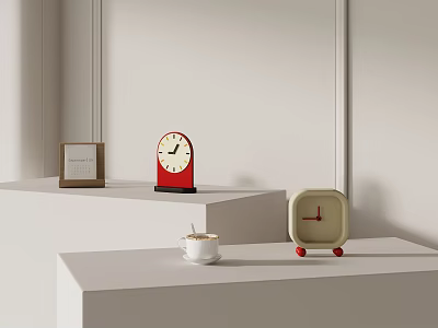 Modern Red Round And Beige Square Clocks In White Room On Platforms With Calendar Coffee Cup 3d model