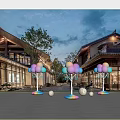 Outdoor Glowing Cloud Art Installation With Colorful Lights Moon Decorations Traditional Buildings At Night