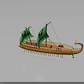 Ancient Wooden Galley Water Vessel With Green Sails Rowing Oars And Curved Bow