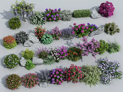 Colorful Garden Flowers And Various Plants With Vibrant Blooms And Stones 3d model
