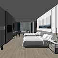 Hotel Guest Room Modern with Bed Nightstand Floor Lamp TV Sofa and Wooden Flooring