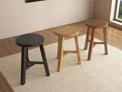 Three Stools Black Light Wood Dark Wood On Woven Rug With Wooden Floor And Window 3d model