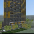 Modern High Rise Building with Yellow Gray Facade and Hinged Doors on Balconies