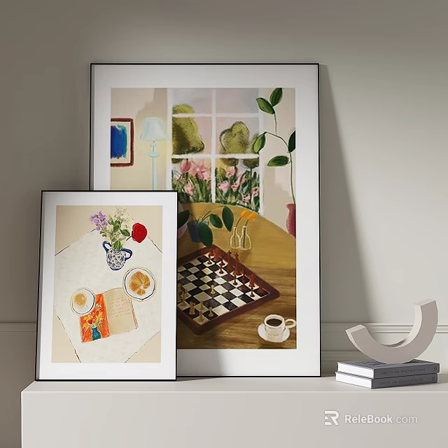 Elegant TV Stand With Decorative Paintings Chessboard Coffee Cup And Books 3d model 