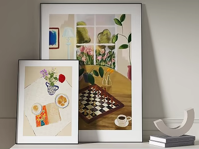 Elegant TV Stand With Decorative Paintings Chessboard Coffee Cup And Books 3d model