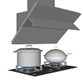 Modern Stainless Steel Kitchen Appliances with Range Hood Gas Stove and Cooking Pots
