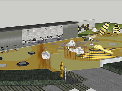 Fun Children's Play Area With Bee Shaped Structures Honeycomb Design And Cloud Decorations 3d model