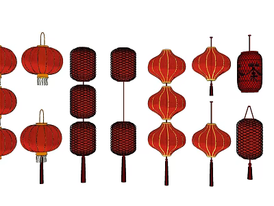 Traditional Red Chinese Lanterns With Various Styles Different Shapes And Hanging Designs 3d model
