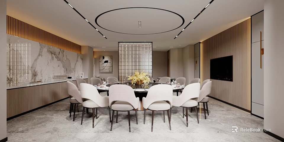 Luxurious Private Dining Room With Round Table Chairs And Wall Decor 3d model