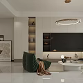 Modern Living Room Interior with Beige Sofa Green Armchair Circular Pendant Light and Coffee Table