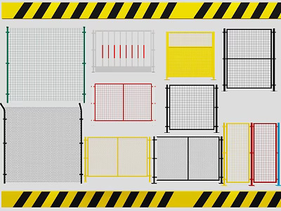Various Colored Construction Safety Fencing Panels With Grid Design And Warning Stripes 3d model
