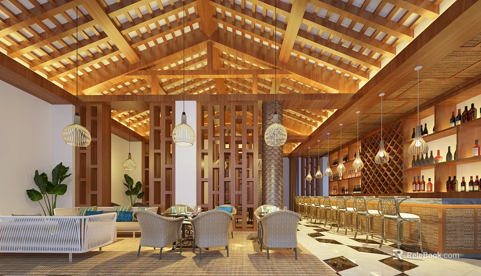 Tropical Bar Interior With Wooden Ceiling Hanging Lights Wicker Furniture And Wine Rack 3d model 
