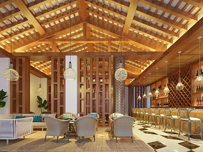 Tropical Bar Interior With Wooden Ceiling Hanging Lights Wicker Furniture And Wine Rack 3d model