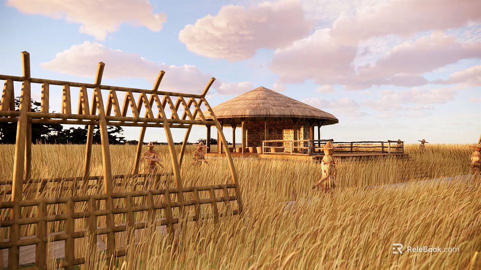 Thatched Roof Wooden House In Wheat Field With Wooden Fence And People Walking 3d model 
