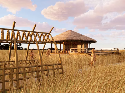 Thatched Roof Wooden House In Wheat Field With Wooden Fence And People Walking 3d model