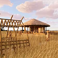 Thatched Roof Wooden House In Wheat Field With Wooden Fence And People Walking