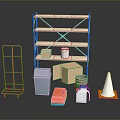 Metal Storage Shelf With Red Cart Trash Bin Cardboard Boxes And Traffic Cone