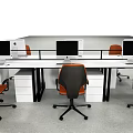 Modern Office Desk Setup with White Surface Black Frame Multiple Computer Monitors and Orange Chairs 3d model