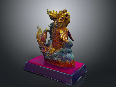 Traditional Golden Red Dragon Sculpture With Red Base And Intricate Details 3d model