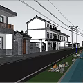 Modern Garden Landscape With Street Trees Flowers Car And Pedestrians Near Buildings
