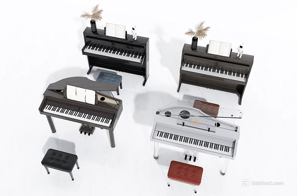 Diverse Musical Instruments and Art Supplies Collection With Stylish Pianos Paintbrushes And Drawing Tools 3d model 