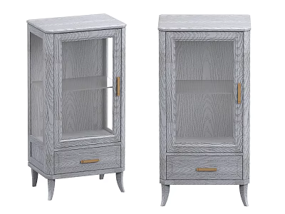 Gray Wooden Wine Cabinet With Glass Door Drawer And Brass Handle Legs 3d model