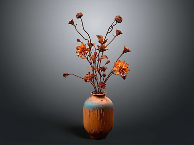 Textured Orange Blue Gradient Vase With Orange Flowers And Brown Stems 3d model